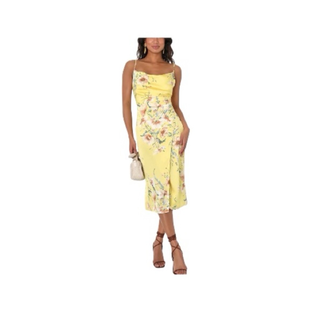 Lulus Sunny Blossom Yellow Floral Print Satin Cowl Neck Midi Dress Size XSP